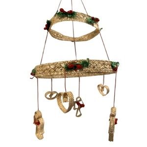 NWB VTG Woven Straw Mobile Angel Heart Scandinavian Christmas Decor Boho Denmark